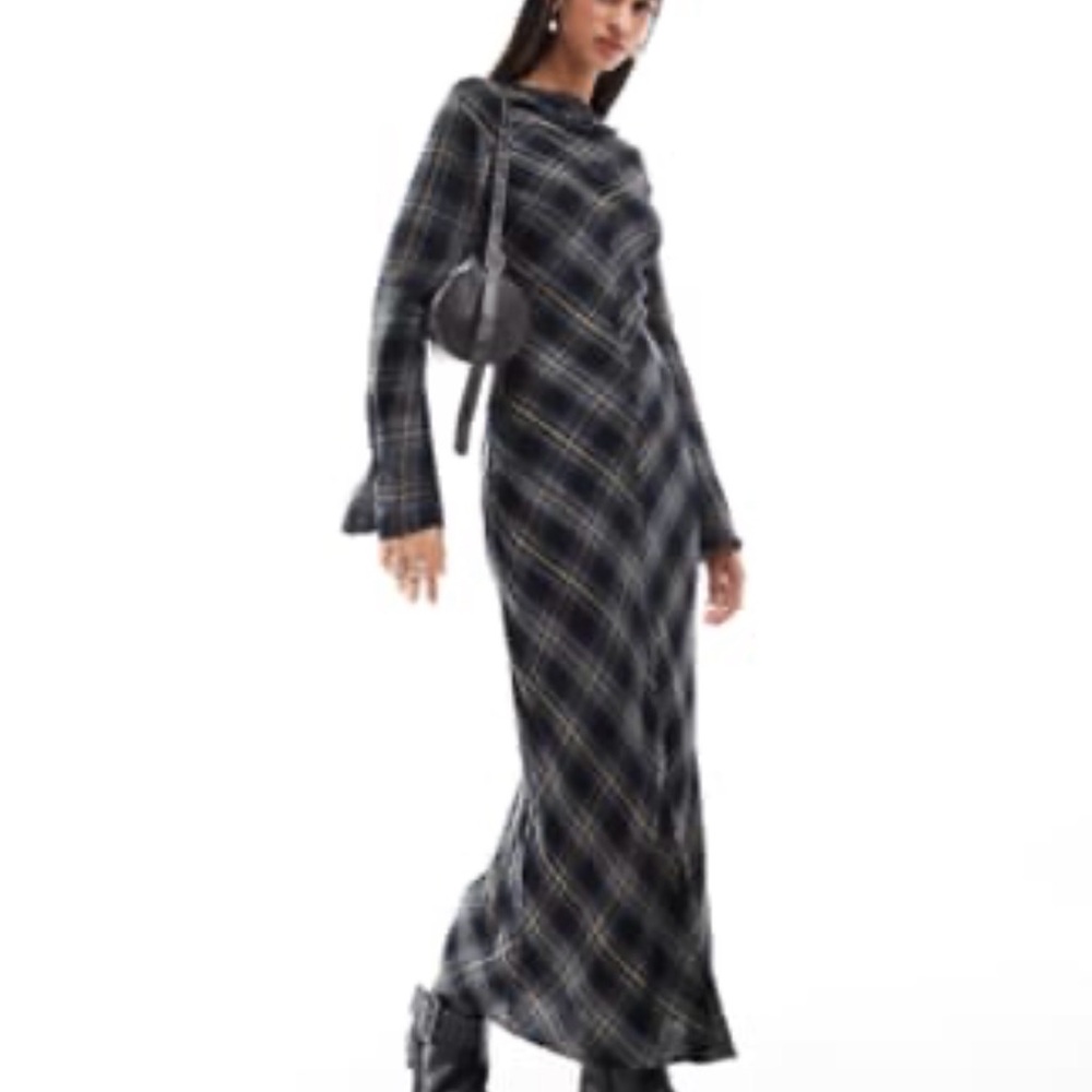 ASOS Black Plaid Long-Sleeve Maxi Dress